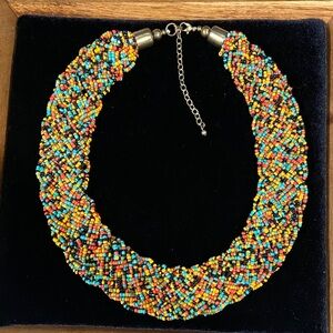 Vintage Multicolor Seed Bead Torsade Necklace Braided Choker Boho 1980s